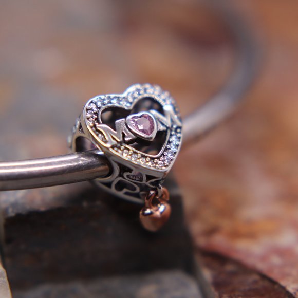 Sparkling Pink Heart Mom Bracelet Charm - S925 Sterling Silver Fits Pandora - Picture 2 of 5